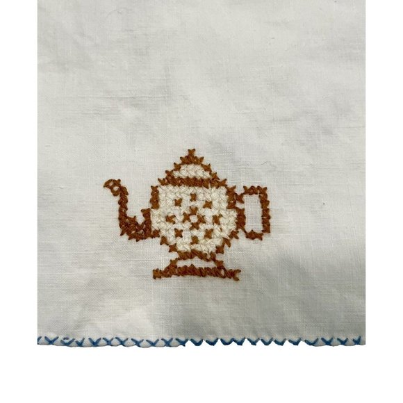 Vintage 2 Cocktail Napkins & Table Runner Cross Stitch Embroidery Teapot Floral - Picture 4 of 7